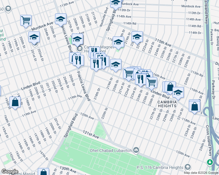 map of restaurants, bars, coffee shops, grocery stores, and more near 219-12 118th Avenue in Queens