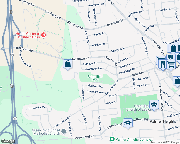 map of restaurants, bars, coffee shops, grocery stores, and more near 3030 Hermitage Avenue in Easton