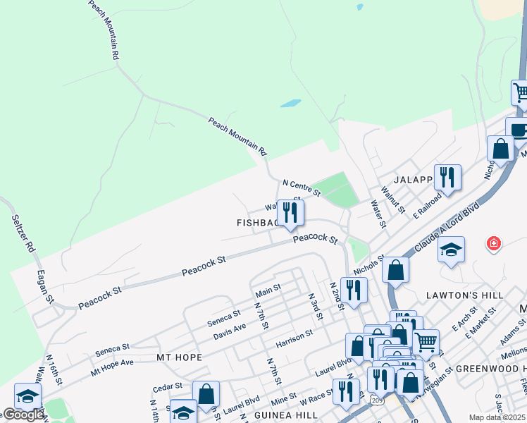 map of restaurants, bars, coffee shops, grocery stores, and more near 265 Wallace Street in Pottsville