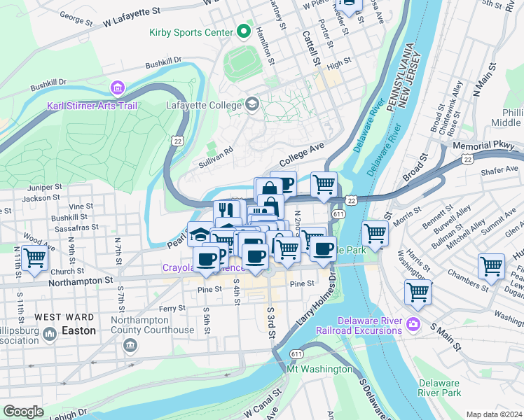 map of restaurants, bars, coffee shops, grocery stores, and more near 134 North 3rd Street in Easton