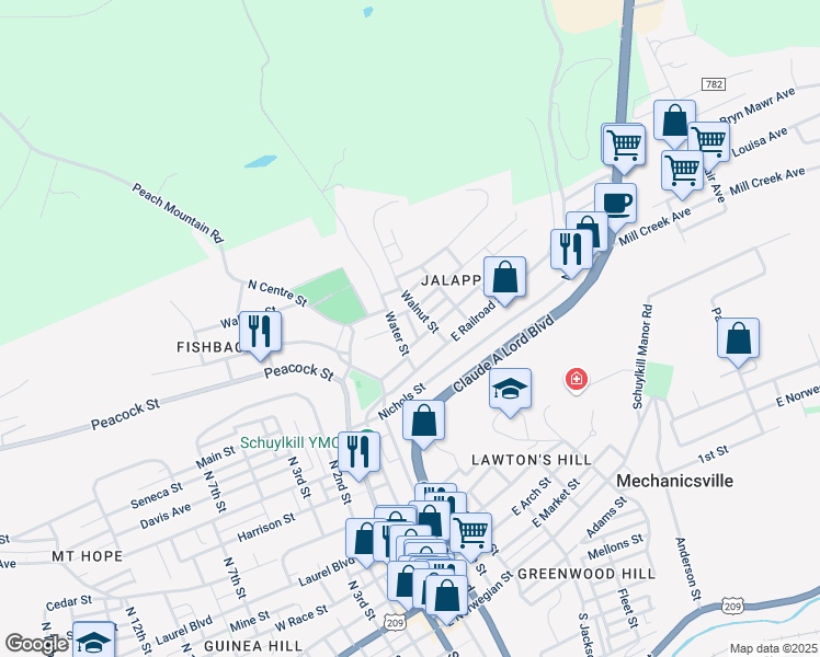 map of restaurants, bars, coffee shops, grocery stores, and more near 749 Hornung Street in Pottsville