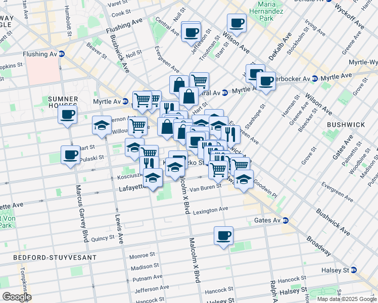 map of restaurants, bars, coffee shops, grocery stores, and more near 1096 DeKalb Avenue in Brooklyn