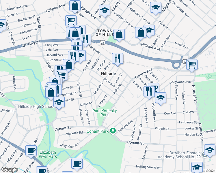 map of restaurants, bars, coffee shops, grocery stores, and more near 155 Boston Avenue in Hillside