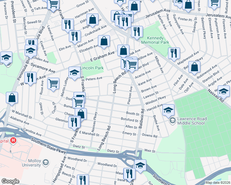 map of restaurants, bars, coffee shops, grocery stores, and more near 108 Lawson Street in Hempstead