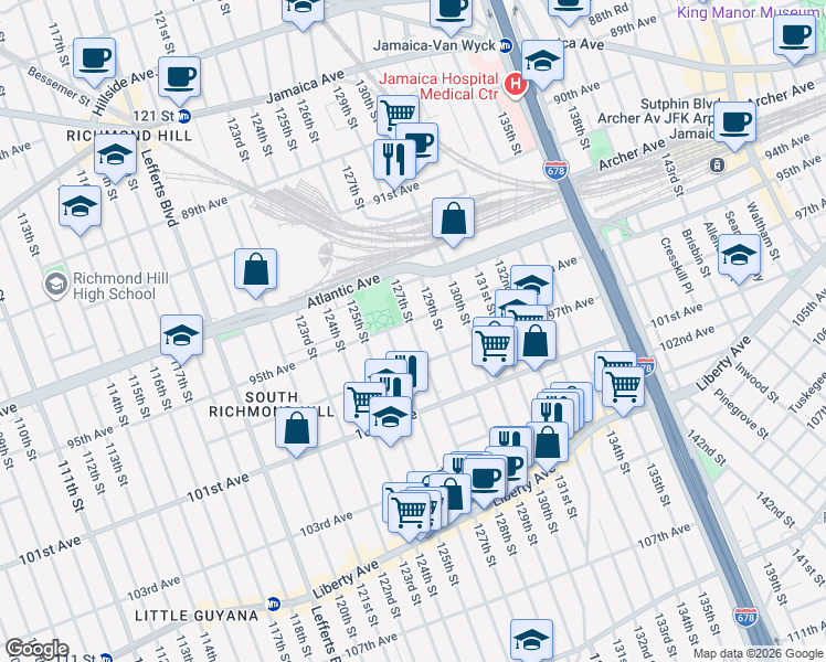 map of restaurants, bars, coffee shops, grocery stores, and more near 127-07 97th Avenue in Queens