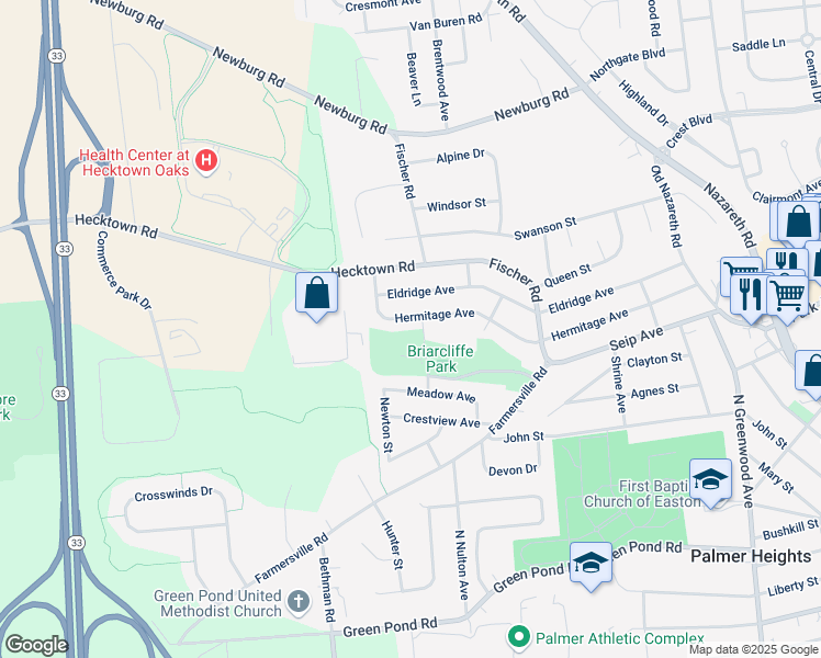 map of restaurants, bars, coffee shops, grocery stores, and more near 3030 Hermitage Avenue in Easton