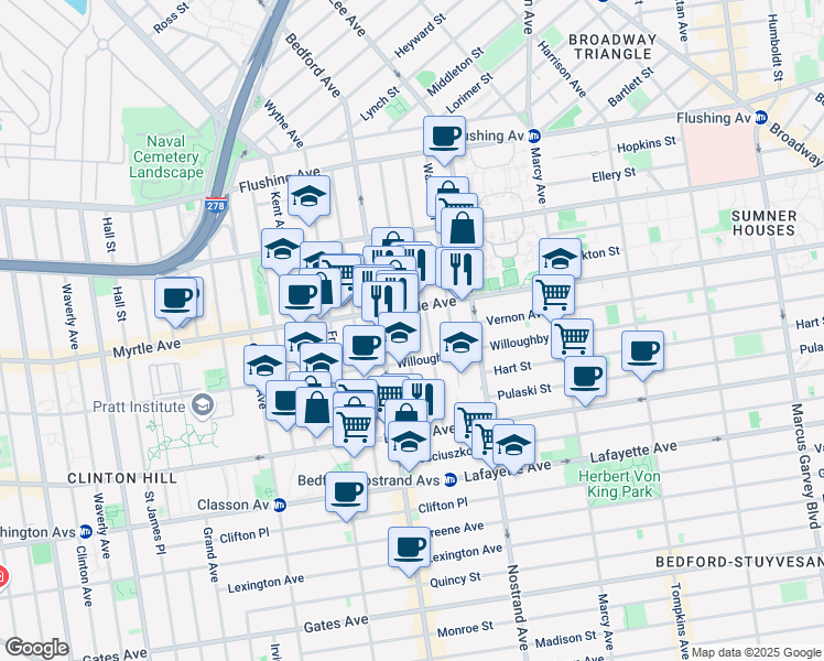 map of restaurants, bars, coffee shops, grocery stores, and more near 165 Spencer Street in Brooklyn