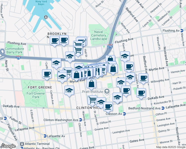 map of restaurants, bars, coffee shops, grocery stores, and more near 502 Myrtle Avenue in Brooklyn