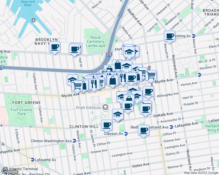 map of restaurants, bars, coffee shops, grocery stores, and more near 112 Emerson Place in Brooklyn