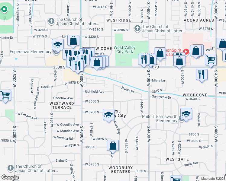 map of restaurants, bars, coffee shops, grocery stores, and more near 3601 Atlas Way in West Valley City