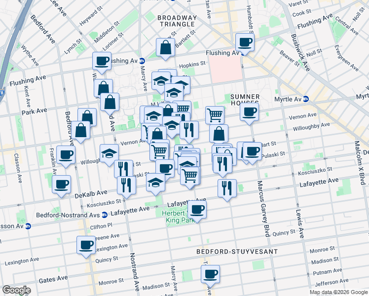 map of restaurants, bars, coffee shops, grocery stores, and more near 111 Hart Street in Brooklyn