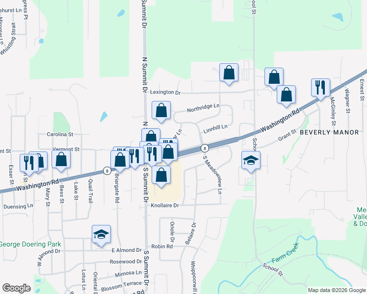 map of restaurants, bars, coffee shops, grocery stores, and more near 2271 Washington Road in Washington