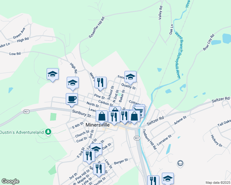 map of restaurants, bars, coffee shops, grocery stores, and more near 532 North 2nd Street in Minersville