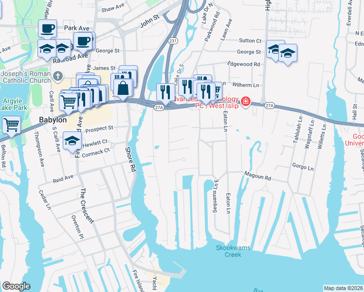 map of restaurants, bars, coffee shops, grocery stores, and more near 27 Constance Court in West Islip