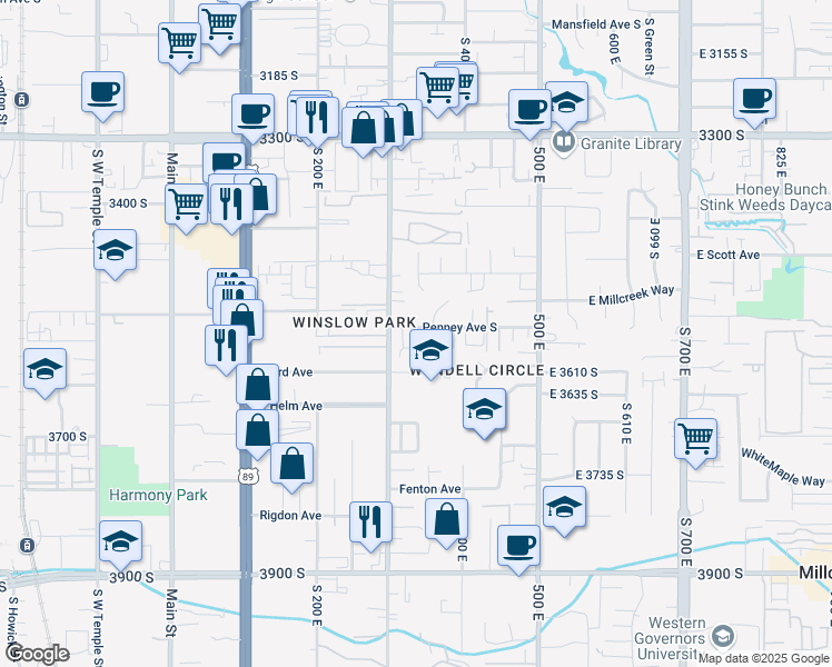 map of restaurants, bars, coffee shops, grocery stores, and more near 334 Penney Avenue South in South Salt Lake