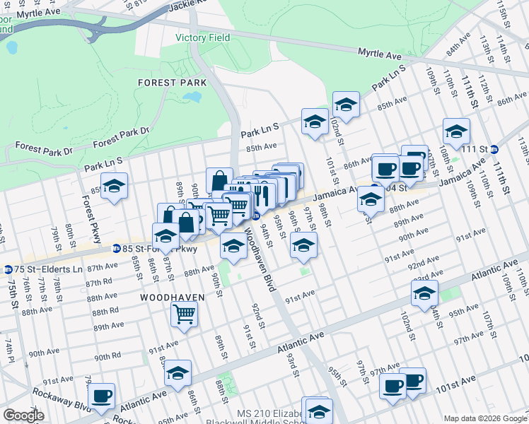 map of restaurants, bars, coffee shops, grocery stores, and more near in Queens