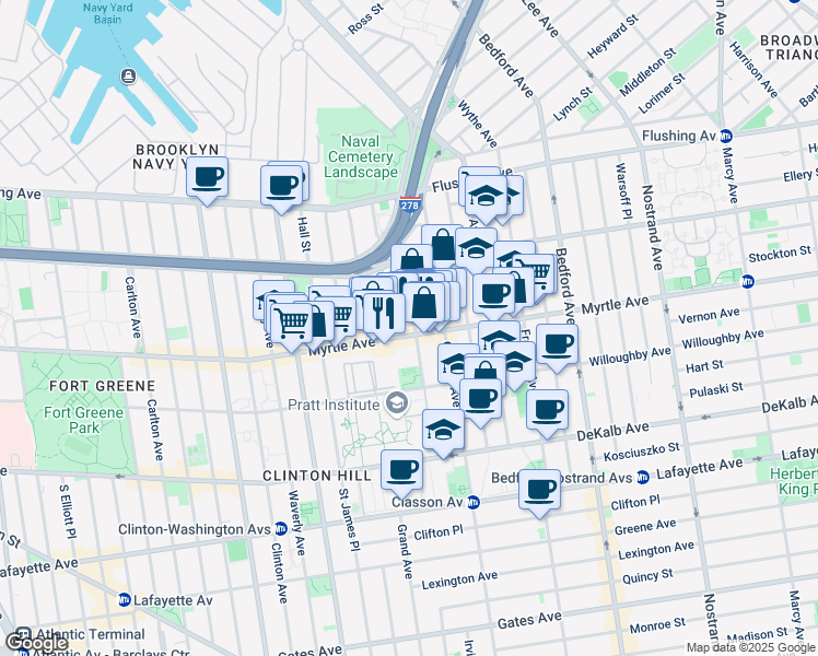 map of restaurants, bars, coffee shops, grocery stores, and more near 112 Emerson Place in Brooklyn
