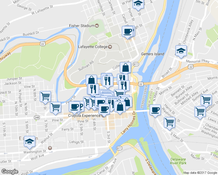 map of restaurants, bars, coffee shops, grocery stores, and more near 248 Bushkill Street in Easton
