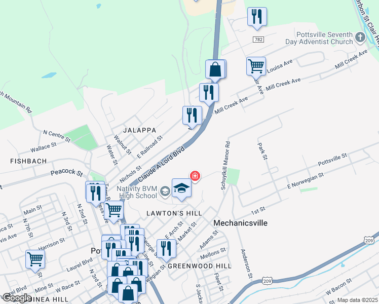 map of restaurants, bars, coffee shops, grocery stores, and more near 480 Pottsville St in Pottsville