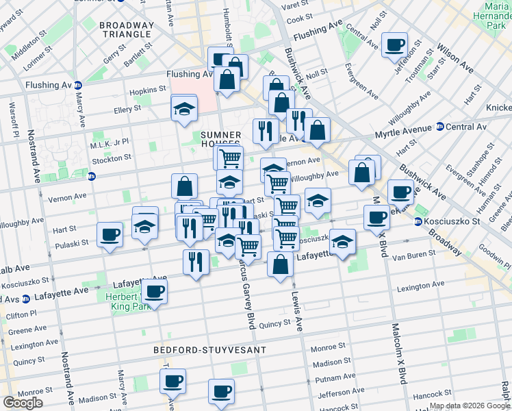 map of restaurants, bars, coffee shops, grocery stores, and more near 289 Pulaski Street in Brooklyn
