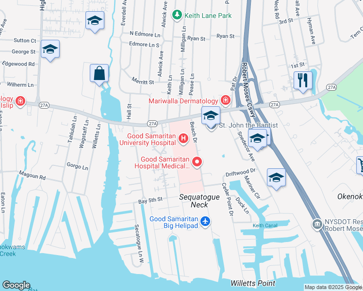 map of restaurants, bars, coffee shops, grocery stores, and more near 1000 Montauk Highway in West Islip