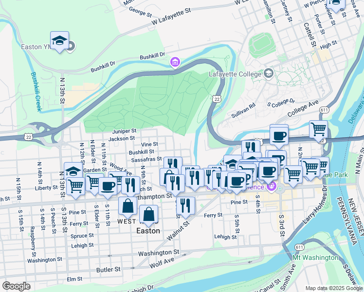 map of restaurants, bars, coffee shops, grocery stores, and more near 673 Sassafras Street in Easton