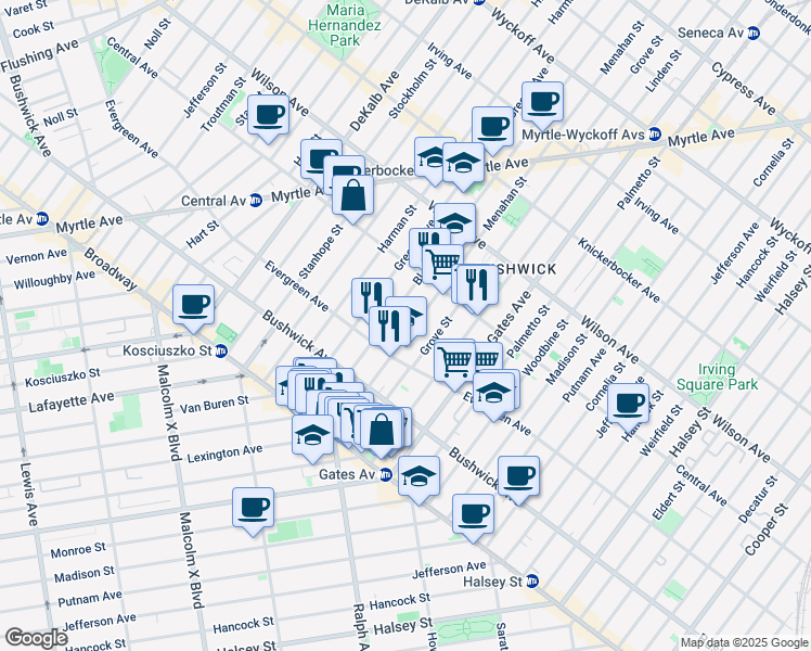 map of restaurants, bars, coffee shops, grocery stores, and more near 48 Menahan Street in Brooklyn