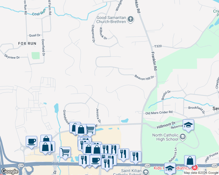 map of restaurants, bars, coffee shops, grocery stores, and more near 137 Hazelwood Drive in Cranberry Township