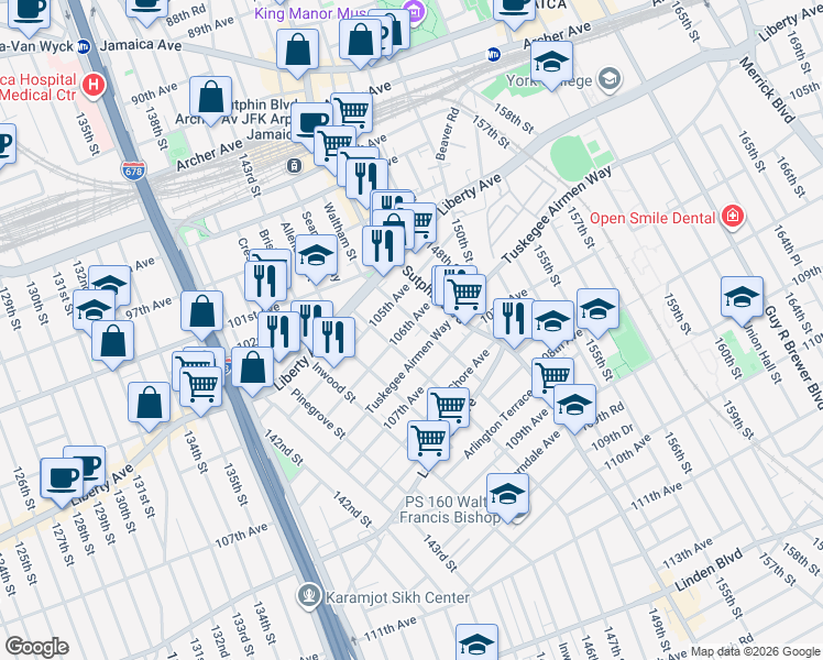 map of restaurants, bars, coffee shops, grocery stores, and more near 146-24 106th Avenue in Queens
