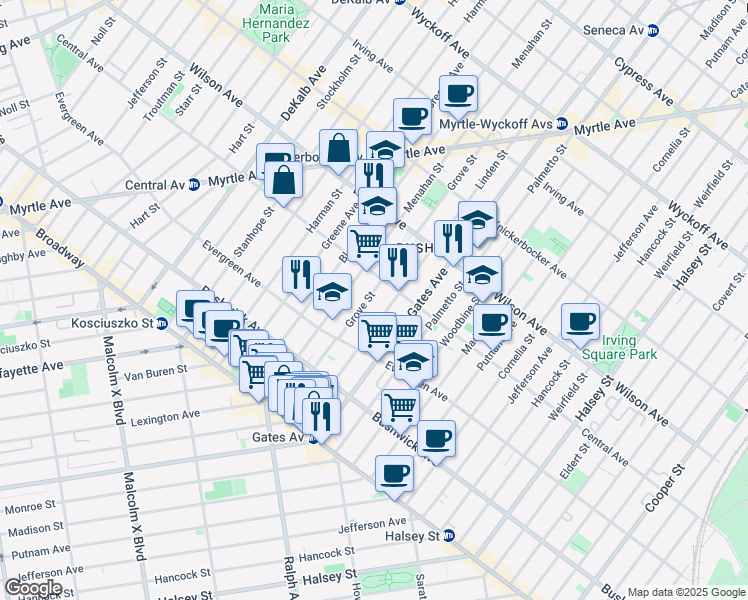map of restaurants, bars, coffee shops, grocery stores, and more near 120 Grove Street in Brooklyn
