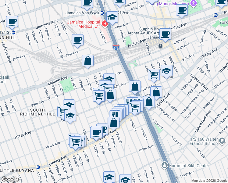 map of restaurants, bars, coffee shops, grocery stores, and more near 97-28 133rd Street in Queens