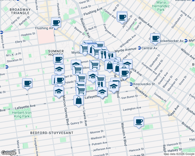map of restaurants, bars, coffee shops, grocery stores, and more near Stuyvesant Ave & Pulaski St in Brooklyn