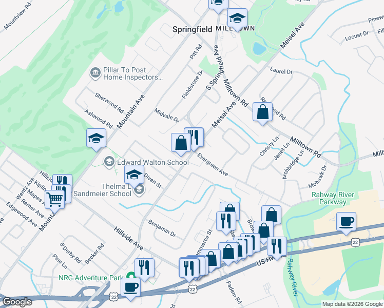 map of restaurants, bars, coffee shops, grocery stores, and more near 591 South Springfield Avenue in Springfield