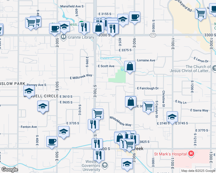 map of restaurants, bars, coffee shops, grocery stores, and more near 3555 South Empire Circle in Millcreek