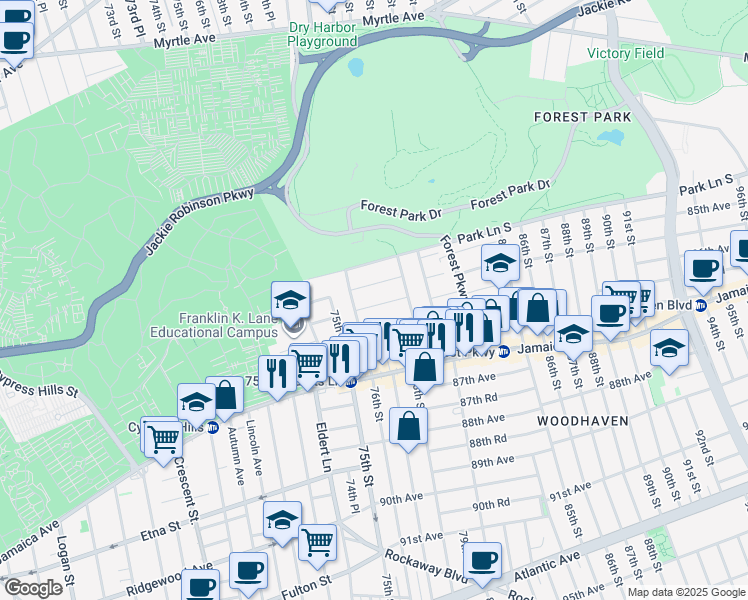 map of restaurants, bars, coffee shops, grocery stores, and more near 7623 85th Drive in Queens