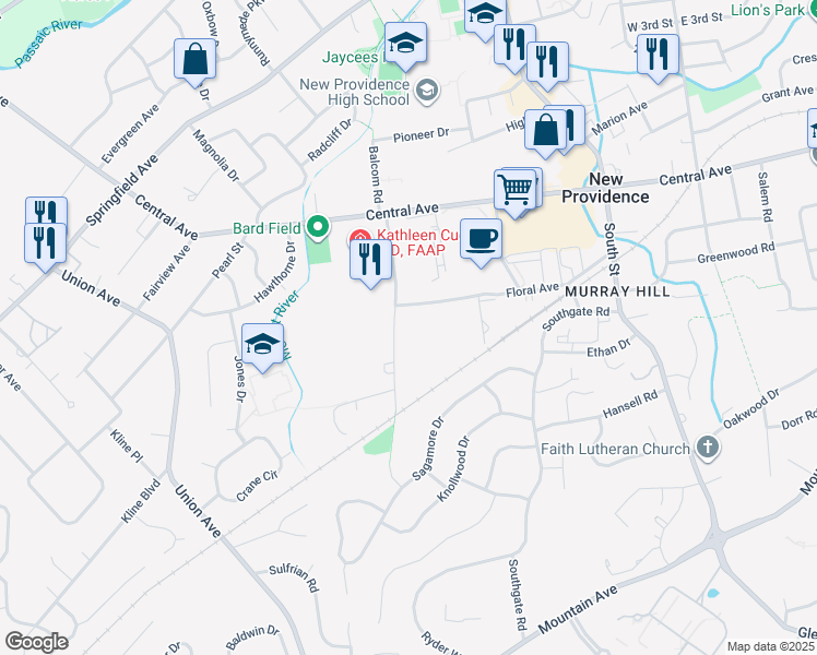 map of restaurants, bars, coffee shops, grocery stores, and more near 11 Spring Floral Drive in New Providence