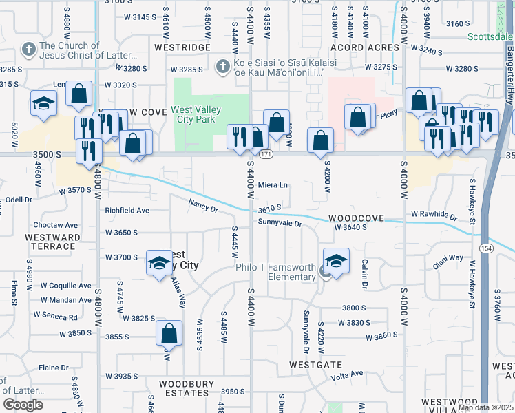 map of restaurants, bars, coffee shops, grocery stores, and more near 4388 Sunnyvale Drive in West Valley City