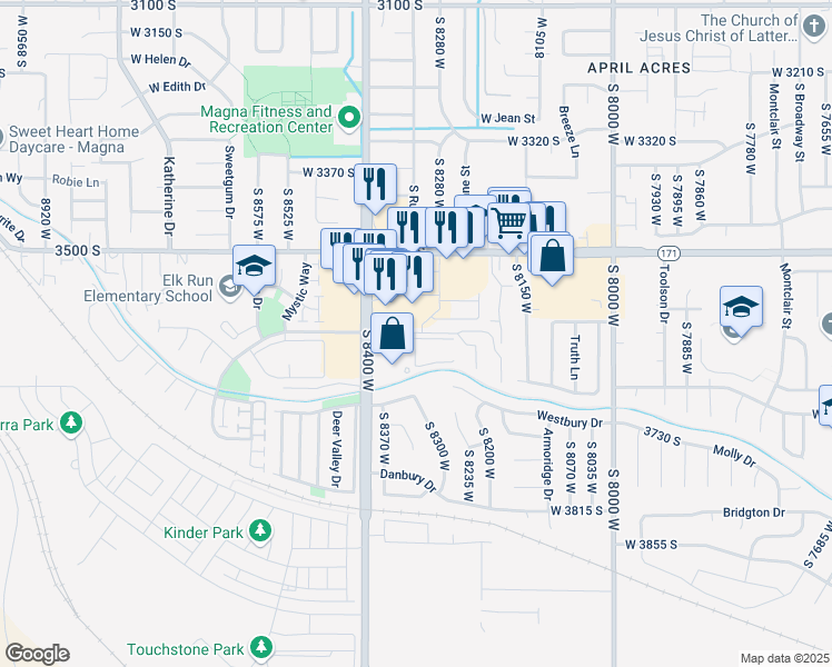 map of restaurants, bars, coffee shops, grocery stores, and more near 3665 South 8400 West in Magna