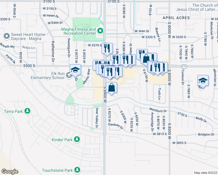 map of restaurants, bars, coffee shops, grocery stores, and more near 3665 South 8400 West in Magna