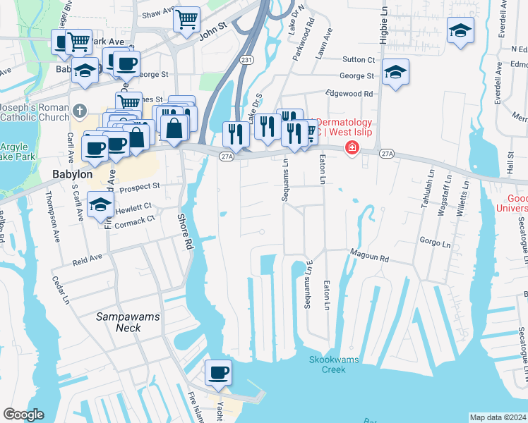 map of restaurants, bars, coffee shops, grocery stores, and more near 27 Constance Court in West Islip
