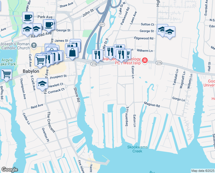 map of restaurants, bars, coffee shops, grocery stores, and more near 27 Constance Court in West Islip