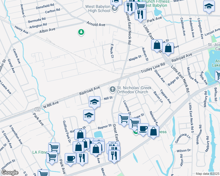 map of restaurants, bars, coffee shops, grocery stores, and more near 200 Great East Neck Road in West Babylon