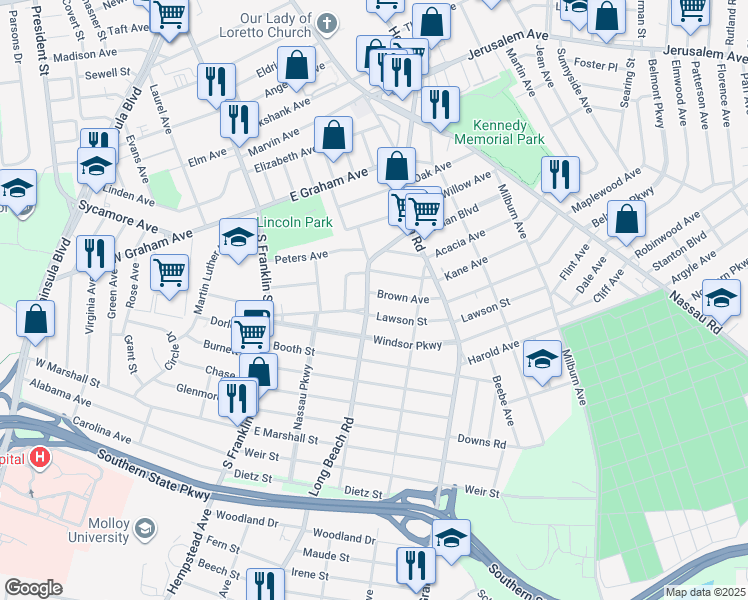 map of restaurants, bars, coffee shops, grocery stores, and more near 112 Lawson Street in Hempstead