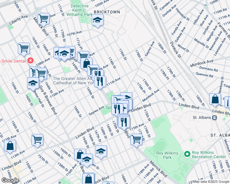 map of restaurants, bars, coffee shops, grocery stores, and more near 172-7 Sayres Avenue in Queens