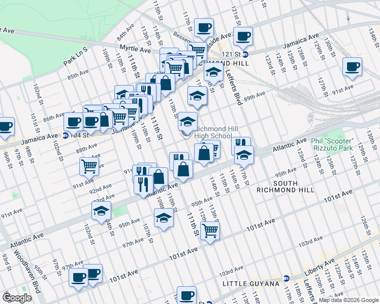 map of restaurants, bars, coffee shops, grocery stores, and more near 112-02 92nd Avenue in Queens