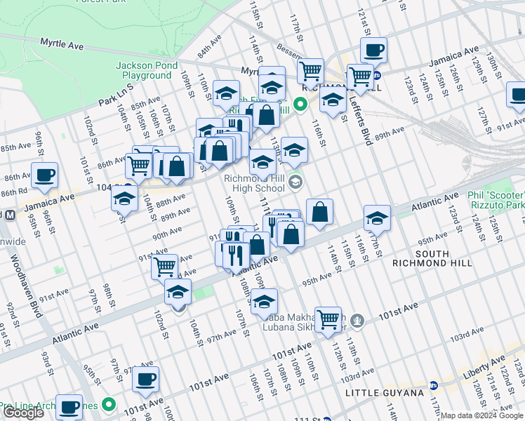 map of restaurants, bars, coffee shops, grocery stores, and more near 91-28 111th Street in Queens