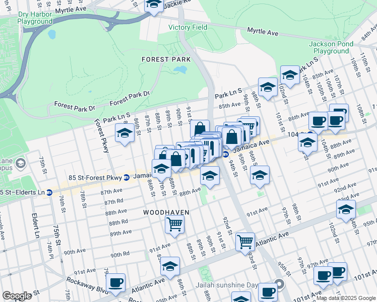 map of restaurants, bars, coffee shops, grocery stores, and more near 86-64 91st Street in Queens
