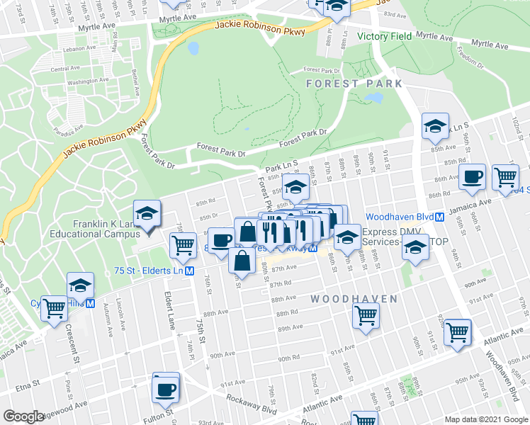 map of restaurants, bars, coffee shops, grocery stores, and more near in Queens