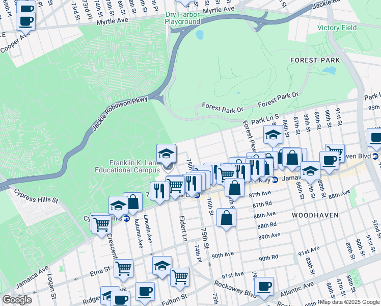 map of restaurants, bars, coffee shops, grocery stores, and more near 74-21 85th Drive in Queens