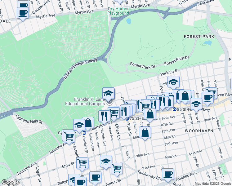 map of restaurants, bars, coffee shops, grocery stores, and more near 74-21 85th Drive in Queens